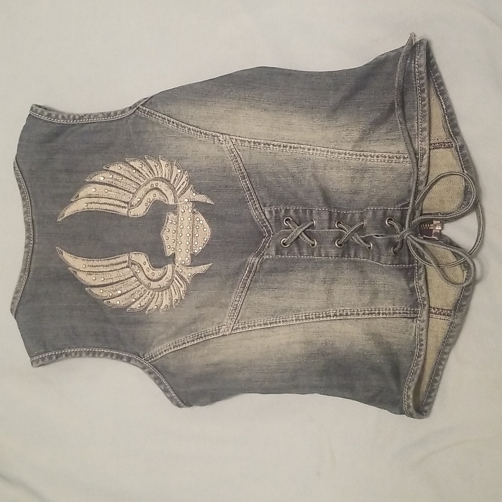 Harley Davidson Women's Denim Vest Rhinestones Zipper Front Size S